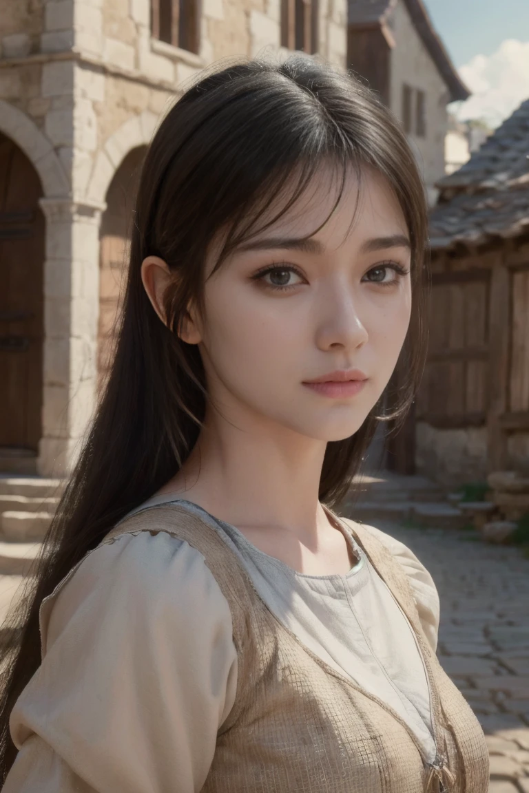 young medieval peasant woman with long black hair, porcelain skin, 8k, medieval city, A beautiful adult woman with a soft face, perfect brown eyes, detailed face, long eyelashes, cinematic photorealistic lighting, (best quality,4k,8k,highres,masterpiece:1.2),ultra-detailed,(realistic,photorealistic,photo-realistic:1.37),cinematic