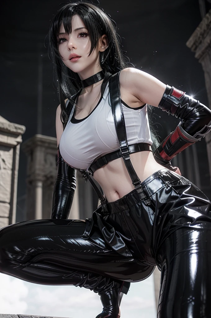 white simple background tifa Lockhart from final fantasy 7. black latex bra mini latex black shorts pants, body harness neck choker gloves latex stockings black latex outfit