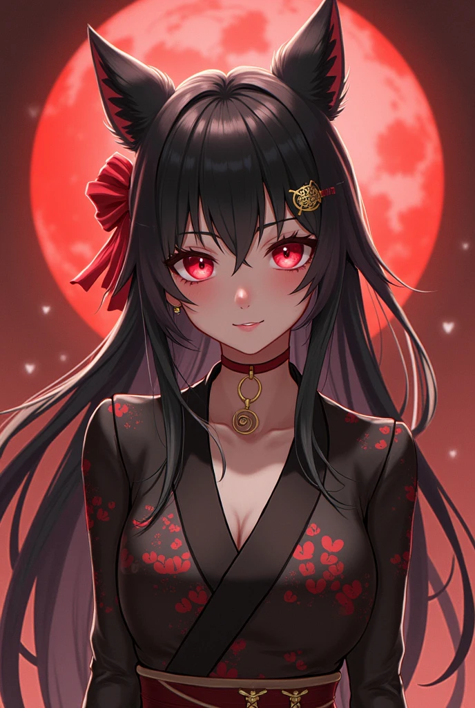 Woman with black hair, over moonlight, anime style with katana, and bright red eyes --auto --s2