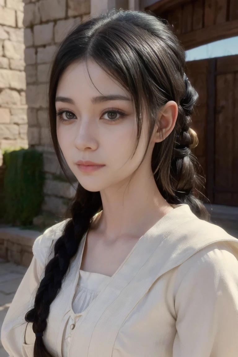 young medieval peasant woman with long black hair, pale white white skin, 8k, medieval city, A beautiful adult woman with a soft face, perfect brown eyes, detailed face, long eyelashes, cinematic photorealistic lighting, (best quality,4k,8k,highres,masterpiece:1.2),ultra-detailed,(realistic,photorealistic,photo-realistic:1.37),cinematic