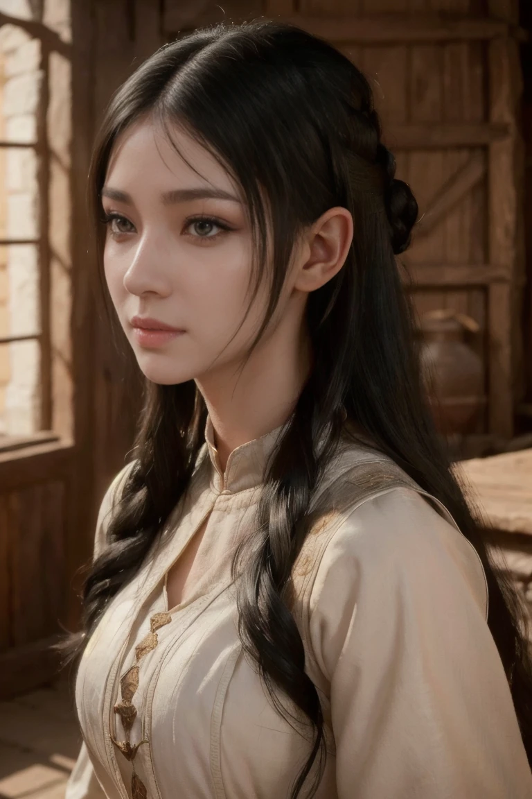 young medieval peasant woman with long black hair, porcelain skin, 8k, medieval city, A beautiful adult woman with a soft face, perfect brown eyes, detailed face, long eyelashes, cinematic photorealistic lighting, (best quality,4k,8k,highres,masterpiece:1.2),ultra-detailed,(realistic,photorealistic,photo-realistic:1.37),cinematic