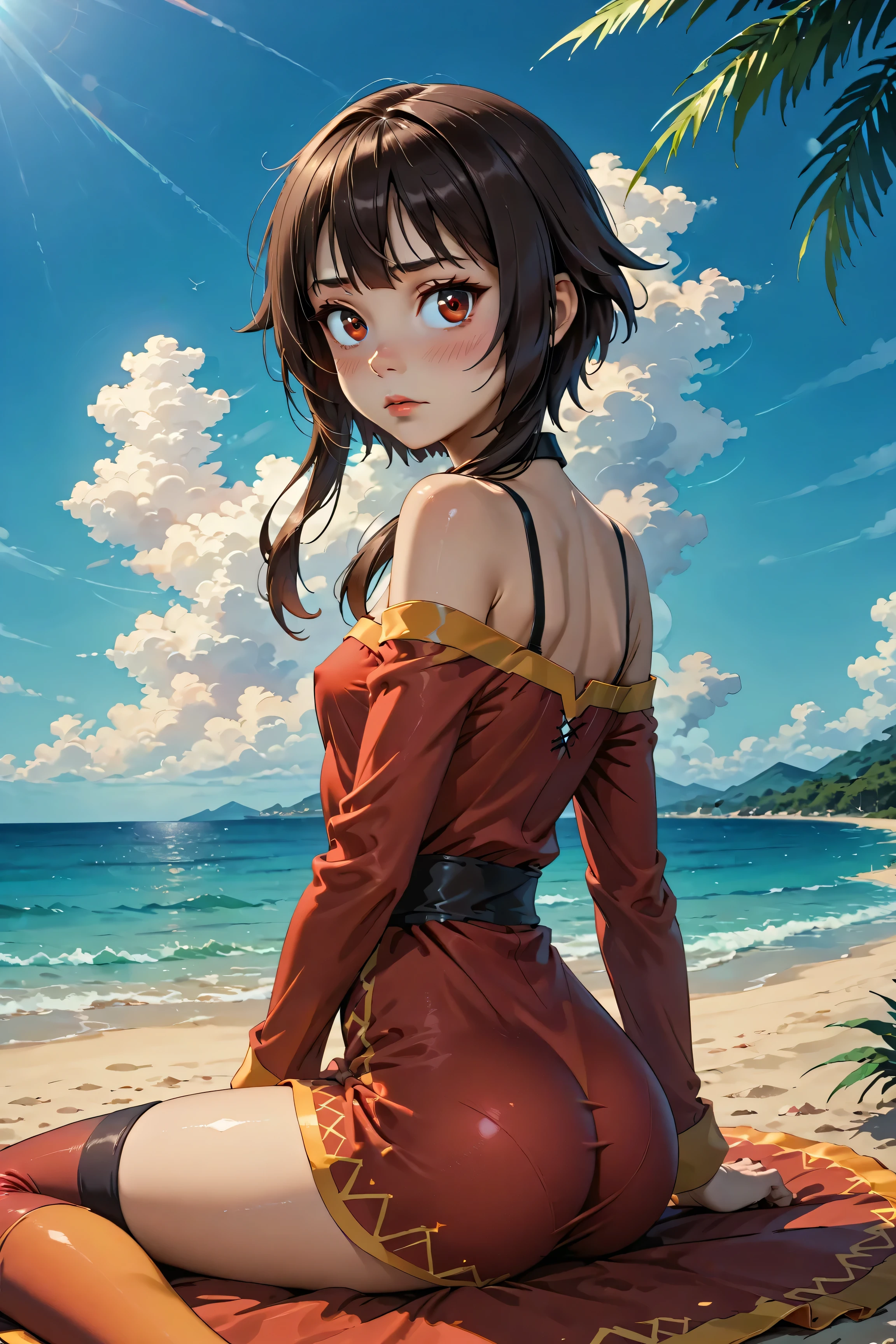 (highest quality:1.2, Very detailed, Latest, Vibrant, Super Detail, Ultra-high resolution, High Contrast, masterpiece:1.2, highest quality, Best aesthetics, there is:0.9), alone, (1 female), Megumin, short hair, black hair, (red eyes:1.3), short hair with long locks, minimal, 1girl, solo, red eyes, nose blush, shy, looking at viewer, tight round butt, cute overload, small breasts, slim figure, sitting, legs spread, (beautiful sandy shore), (ocean in background), (beautiful blue sky),
