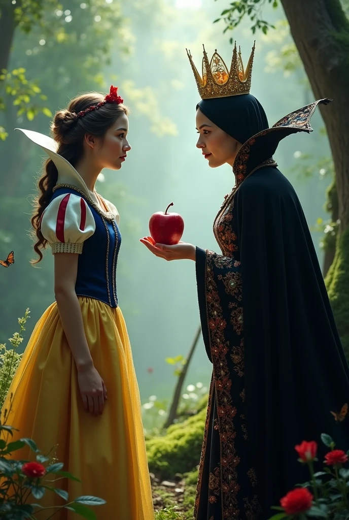 Create an image featuring Gal Gadot as Snow White, dressed in a yellow and blue medieval-inspired gown, with a golden tiara on her head and a kind smile on her face, against a lush green forest backdrop with tall trees and vibrant wildflowers. Rachel Zegler as the Evil Queen stands opposite Gal, donning a dramatic black and red gown with a pointed collar, her eyes blazing with malevolent intensity, her skin pale and smooth. The Evil Queen's dark hair cascades down her back in tight, curly locks, and her lips are painted red. The atmosphere is tense, with a hint of magic and danger in the air. Gal's skin has a warm, golden glow, while Rachel's complexion is pale and porcelain-like. The image is rendered in vivid colors, with bold brushstrokes and intricate details, blending realism with a touch of fantasy. The composition is symmetrical, with the two characters facing each other, their eyes locked in a fierce stare
