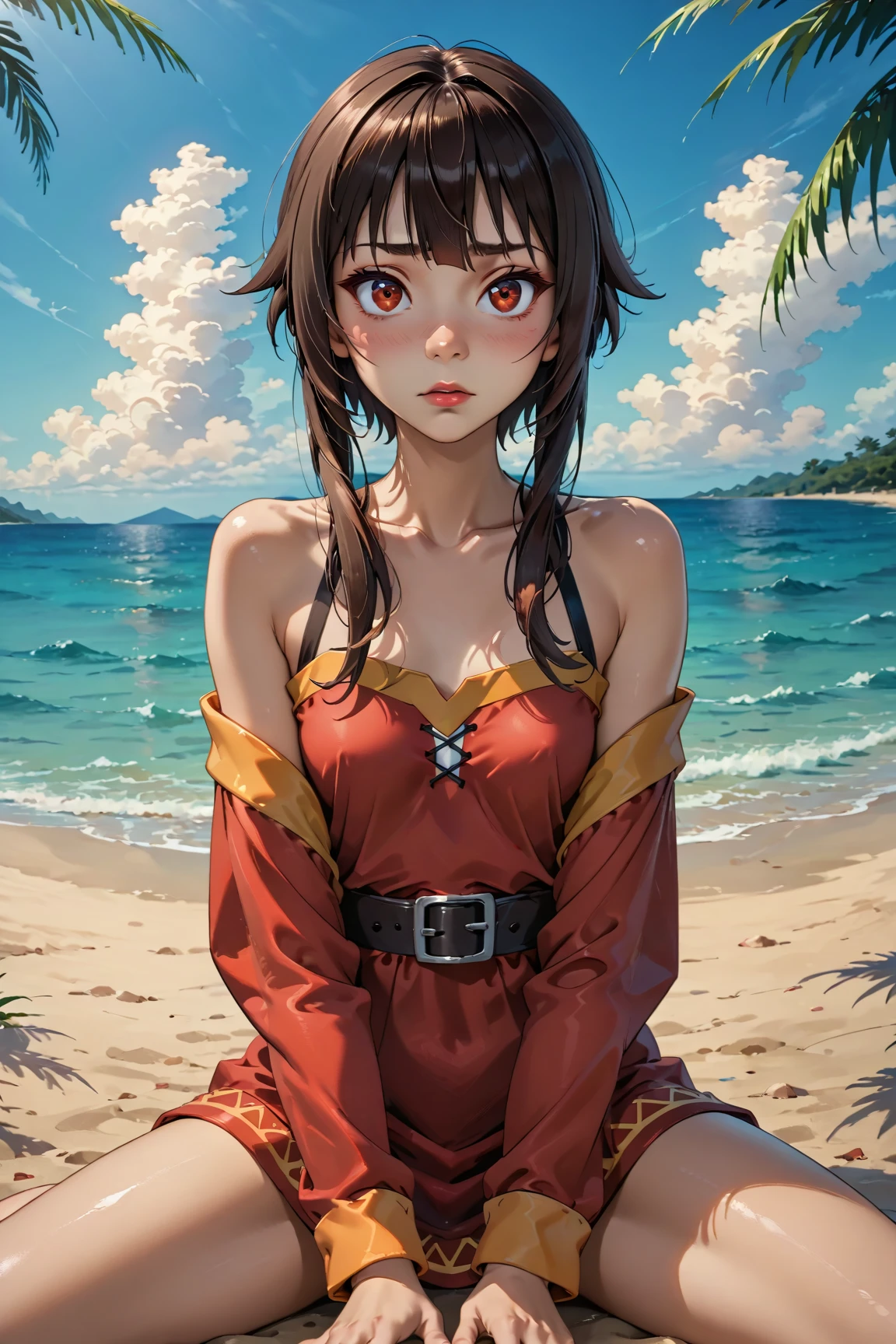 (highest quality:1.2, Very detailed, Latest, Vibrant, Super Detail, Ultra-high resolution, High Contrast, masterpiece:1.2, highest quality, Best aesthetics, there is:0.9), alone, (1 female), Megumin, short hair, black hair, (red eyes:1.3), short hair with long locks, minimal, 1girl, solo, red eyes, nose blush, shy, looking at viewer, cute overload, small breasts, slim figure, sitting, legs spread, (beautiful sandy shore), (ocean in background), (beautiful blue sky),
