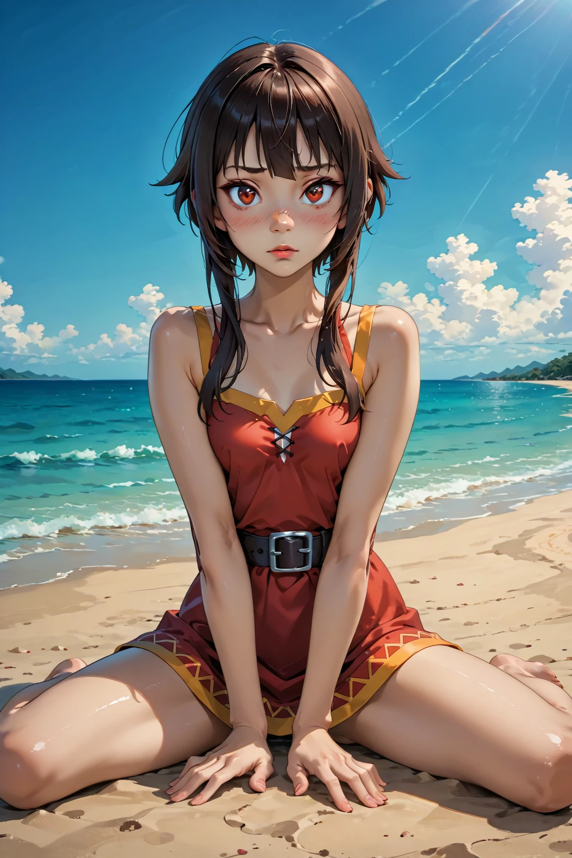 (highest quality:1.2, Very detailed, Latest, Vibrant, Super Detail, Ultra-high resolution, High Contrast, masterpiece:1.2, highest quality, Best aesthetics, there is:0.9), alone, (1 female), Megumin, short hair, black hair, (red eyes:1.3), short hair with long locks, minimal, 1girl, solo, red eyes, nose blush, shy, looking at viewer, cute overload, small breasts, slim figure, sitting, legs spread, (beautiful sandy shore), (ocean in background), (beautiful blue sky),
