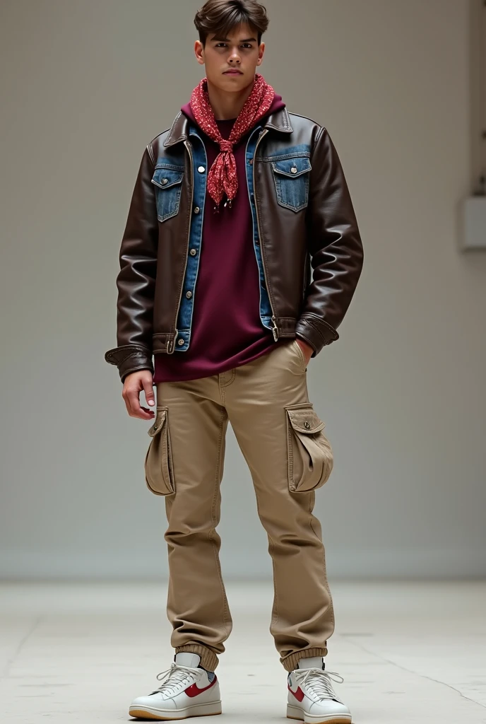 Young man in dark brown leather with beige cargo pants, white shoes , dark cherry oversized t-shirt with blue jean vest and a small cherry-colored fabric scarf tied around the neck
