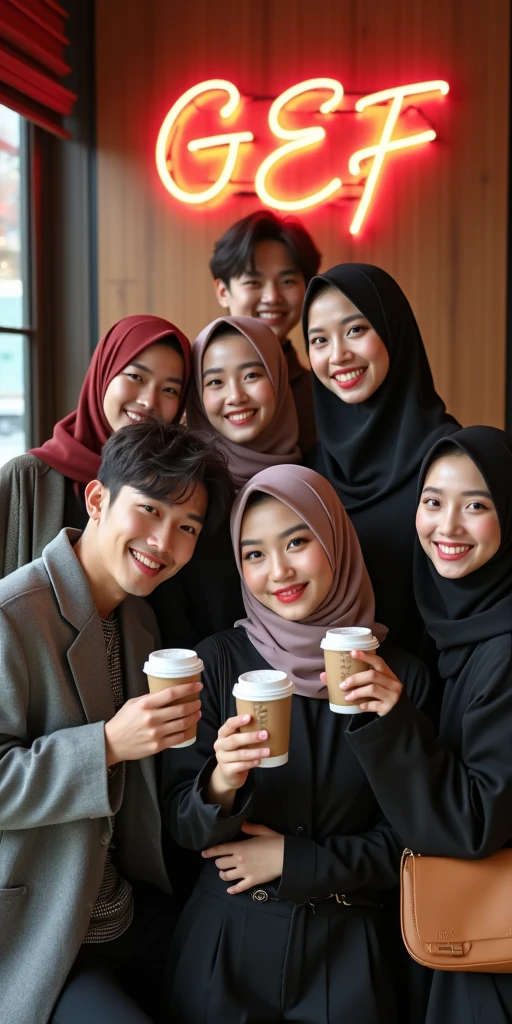 Create an image of a 20-year-old Indonesian man with a clean face, a 22-year-old beautiful Indonesian woman wearing a hijab and glasses, and another 20-year-old Indonesian man with a clean face. They are sitting together in a café. The scene should be detailed and realistic, with bright lighting and a cozy atmosphere. Ensure the image is hyper-detailed and rendered in 8k ultra sharp UHD.
