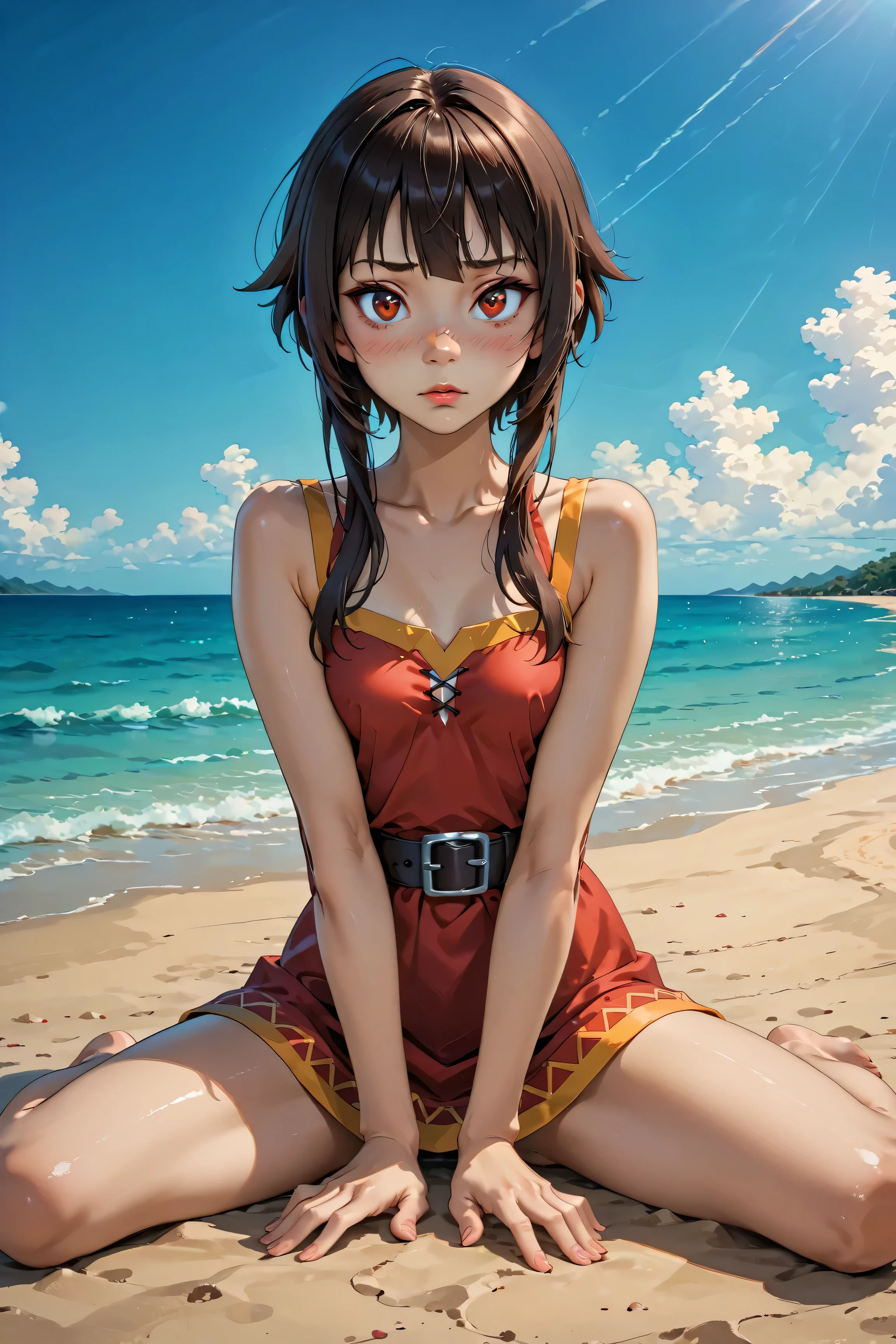 (highest quality:1.2, Very detailed, Latest, Vibrant, Super Detail, Ultra-high resolution, High Contrast, masterpiece:1.2, highest quality, Best aesthetics, there is:0.9), alone, (1 female), Megumin, short hair, black hair, (red eyes:1.3), short hair with long locks, minimal, 1girl, solo, red eyes, nose blush, shy, looking at viewer, cute overload, small breasts, slim figure, sitting, legs spread, (beautiful sandy shore), (ocean in background), (beautiful blue sky),
