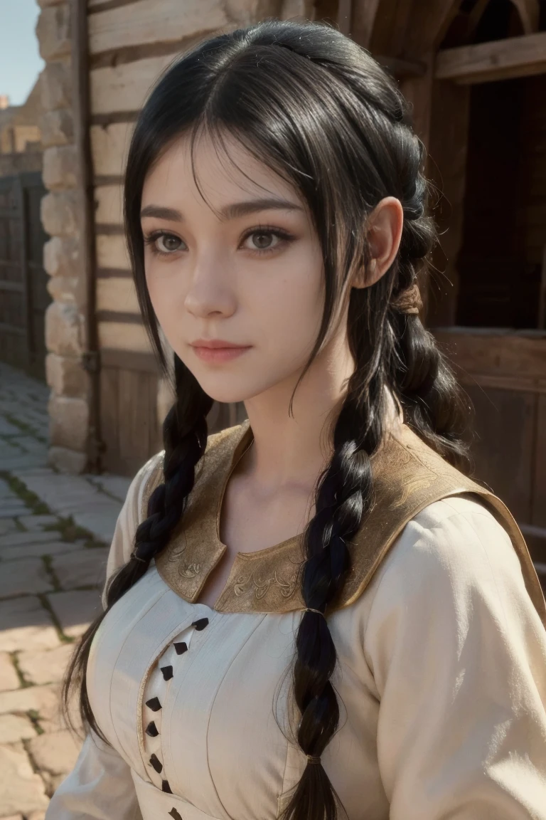 young medieval peasant woman with long black hair, porcelain skin, 8k, medieval city, A beautiful adult woman with a soft face, perfect brown eyes, detailed face, long eyelashes, cinematic photorealistic lighting, (best quality,4k,8k,highres,masterpiece:1.2),ultra-detailed,(realistic,photorealistic,photo-realistic:1.37),cinematic