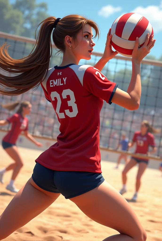 ((high resolution)), Athletic, ((pale skin)), brunette, 13 year old girl, long curly hair, naked, playing soccer