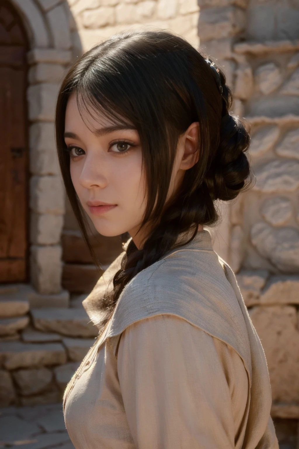 young medieval peasant woman with long black hair, porcelain skin, 8k, medieval city, A beautiful adult woman with a soft face, perfect brown eyes, detailed face, long eyelashes, cinematic photorealistic lighting, (best quality,4k,8k,highres,masterpiece:1.2),ultra-detailed,(realistic,photorealistic,photo-realistic:1.37),cinematic