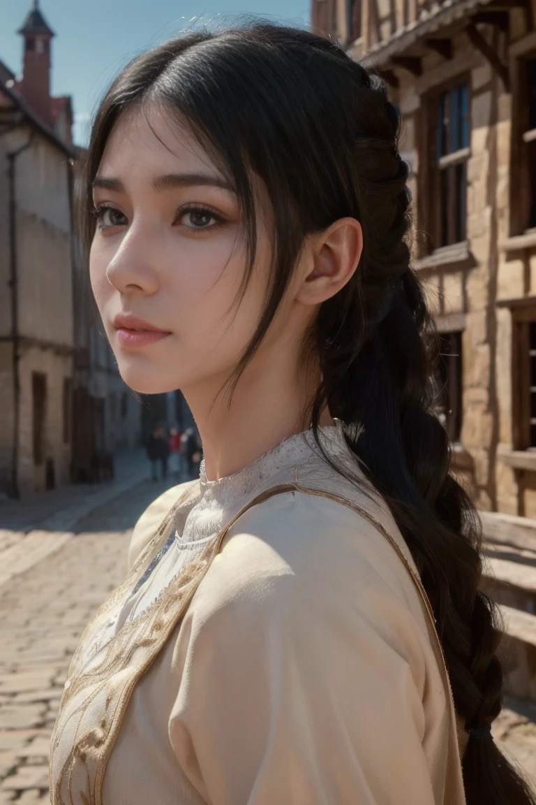 young medieval european peasant woman with long black hair, white skin, 8k, medieval city, A beautiful adult woman with a soft face, perfect brown eyes, detailed face, long eyelashes, cinematic photorealistic lighting, (best quality,4k,8k,highres,masterpiece:1.2),ultra-detailed,(realistic,photorealistic,photo-realistic:1.37),cinematic