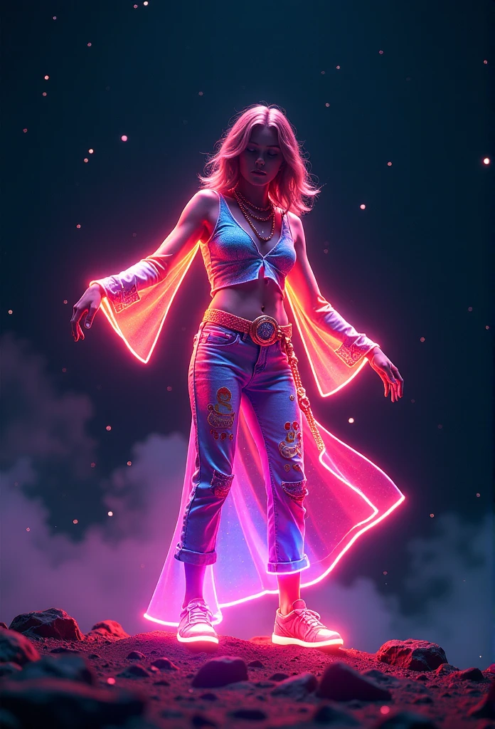 (masterpiece, superior quality, best quality, official art, beautiful and aesthetic),Kelly Hu, detailed face, long black hair, full body, violet top and pants, celestial, cosmic, extremely beautiful, high detailed, (galactic in the background), light effects, more detailed, floating particles, ancient runes, geometric patterns, V0id3nergy, mana, shadows, epic atmosphere --auto