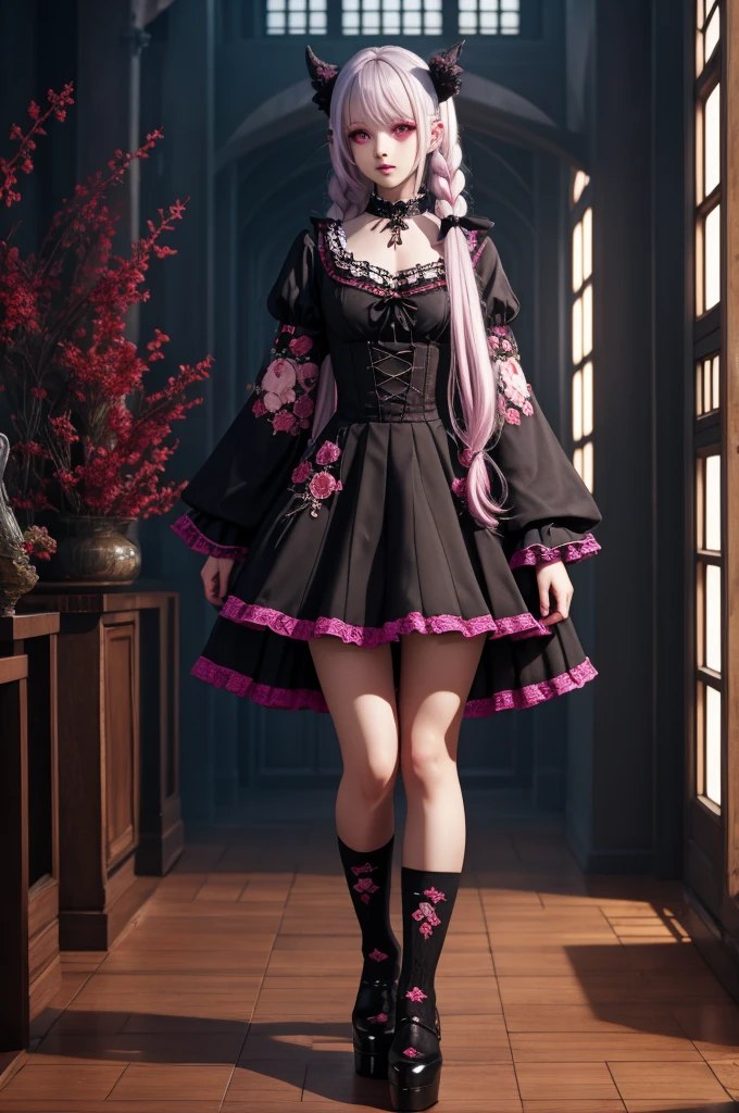 ultra stylish female who controls poison、lip-gloss、intense makeup、look at the camera、full body Esbian、、sparkling poisoned flower costume、、、、shiny sparkling multicolor hair、secrete poison、skull hair accessories、net tights、shiny sparkling flowers background