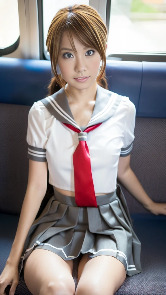 (8k), ( best quality: 1.2), (Realistic), (Realistic: 1.37),  ultra high resolution,  1 girl, cute,  Serious Face ,  closed mouth,  beautiful details , Beautiful Nose, Beautiful Hair,  ponytails, pork, Thighs，Self snap, school uniform,Riding a train in Tokyo, simple blazer Pleated Skirts,(the skirt and tie:1.3),Cross-legged, the above,(Close up on thighs),(Shiny thighs),(Uniquely designed knee-high socks  :1.2)、Knee-high、 sitting with legs open 、 very thin 、Super Real Photo、 best quality,  Ultra High Definition,  textured skin,  best quality,  anatomically correct,  8k octane,  portrait photography,  movie light effect that won't light up, 、 random hairstyle、 low angle、Knee-high socks with unique designs 、( panties visible through gaps between legs)、ショート丈、パンチラ、足を開いて座る、