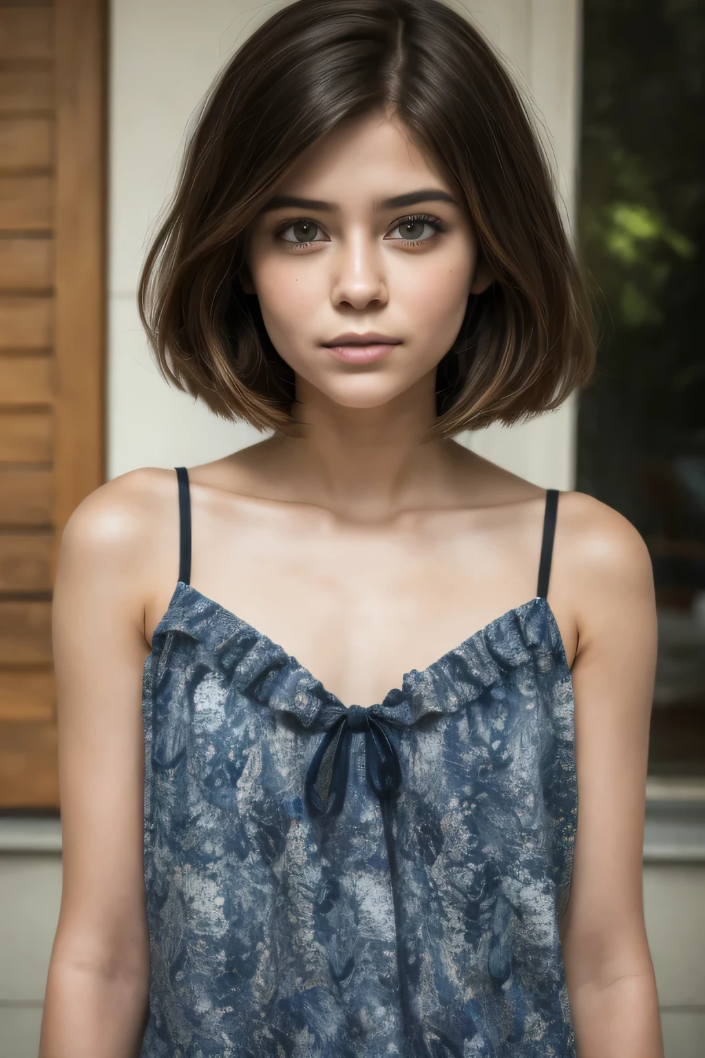 Gadis kecil very short black haircut bogel, half body portrait. Highly detailed quality, naked flat breasts, puting tebal. Transparent V neck bowknot lace hem ruffle print cami top