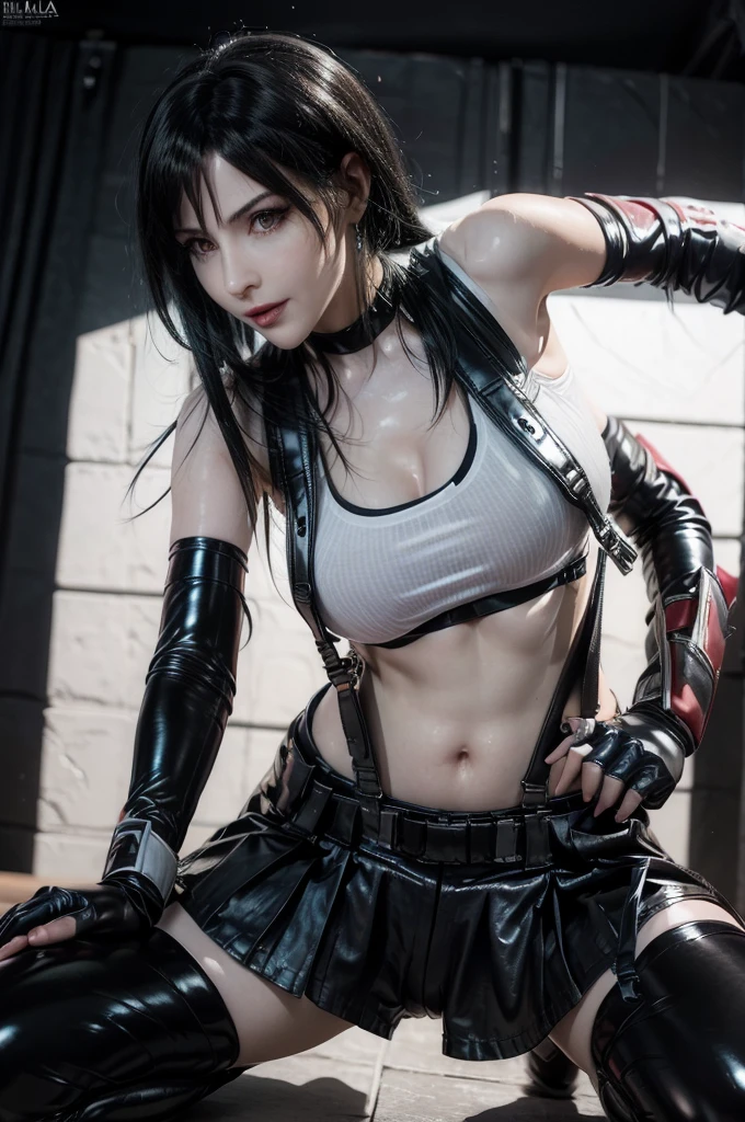 a beautiful detailed woman, 1girl, tifa lockhart from final fantasy 7, black latex bra, black latex shorts, latex body harness, latex neck choker, latex gloves, latex stockings, black latex outfit, white simple background, photorealistic, 8k, highres, detailed, realistic, cinematic lighting, dramatic pose, hyper detailed, masterpiece