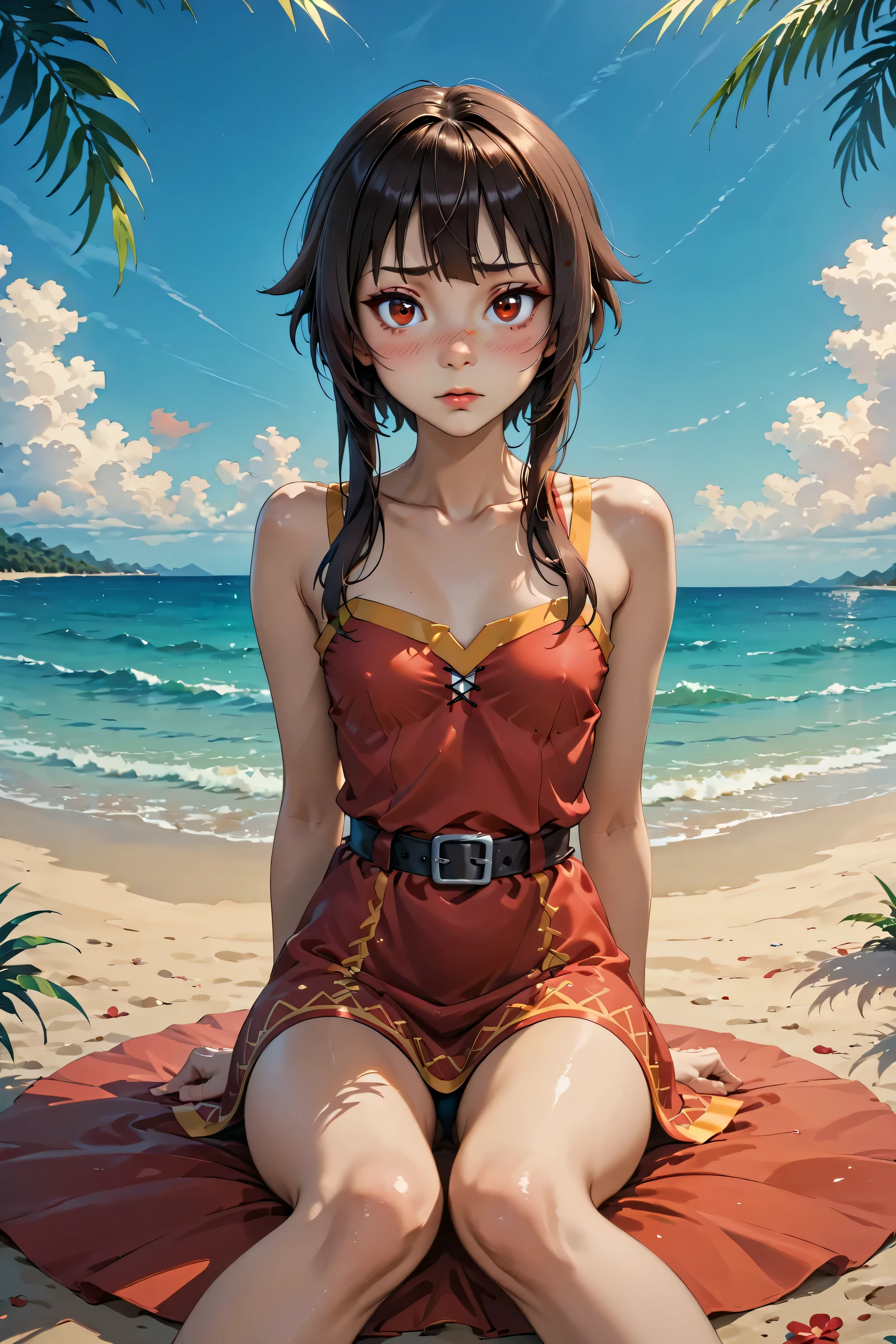 (highest quality:1.2, Very detailed, Latest, Vibrant, Super Detail, Ultra-high resolution, High Contrast, masterpiece:1.2, highest quality, Best aesthetics, there is:0.9), alone, (1 female), Megumin, short hair, black hair, (red eyes:1.3), short hair with long locks, minimal, 1girl, solo, red eyes, nose blush, shy, looking at viewer, cute overload, small breasts, slim figure, sitting, legs spread, (beautiful sandy shore), (ocean in background), (beautiful blue sky),
