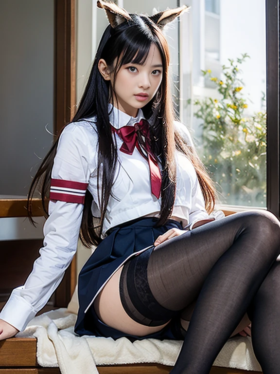 urzzang-6500-v1 .1, ( RAW photo:1.2), (Realistic:1.4),  beautiful detailed girl ,  very detailed eyes and face,  beautiful detail  , Ridiculous, incredibly Ridiculous,  Large File Size ,  very detailed,  high definition ,  very detailed,  best quality, masterpiece, kemomimi, ((  Japanese High School Girl Uniform  )), shape,  very detailed, CG, Unified, 8k wallpaper,  amazing,  Sex, masterpiece,  best quality,  very detailed CG uniform 8k wallpaper,  Eyes ,  Movie Lighting,  one girl , , ((No pants)), (( Dynamic Poses))), ( camel toe ), (half), ( pantyhose), (Bend your knees、Sit with your legs bent))