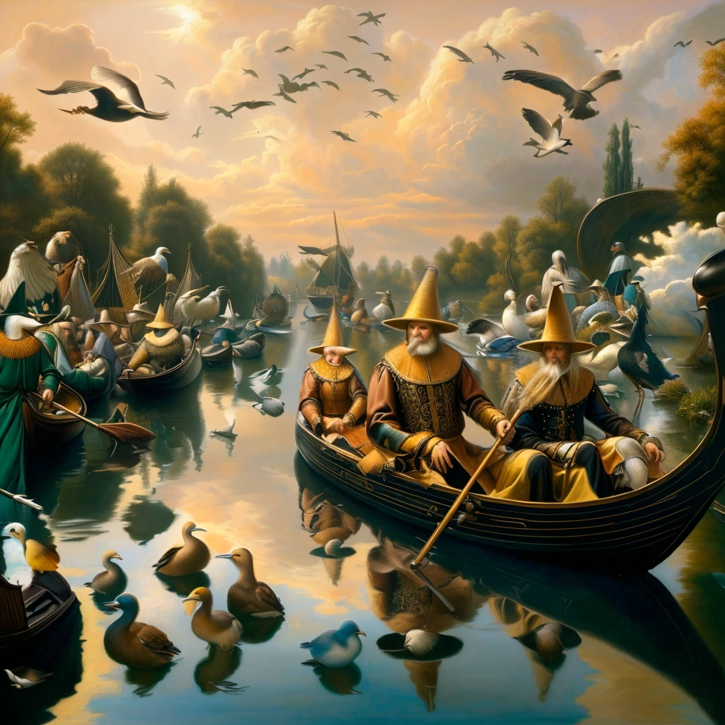 there are many people on a boat with many birds flying around, a surreal painting inspired by Cornelis Anthonisz, cg society, competition winner, fantastic realism, fantasy. gondola boat, Hieronymus Bosch, surreal art, Dutch masterpiece, Jacek Yerka and Vladimir Kush, surreal painting, Rob Gonsalves and Tim White, by, natural and contrasting lighting, full of harmony, a masterpiece of art.