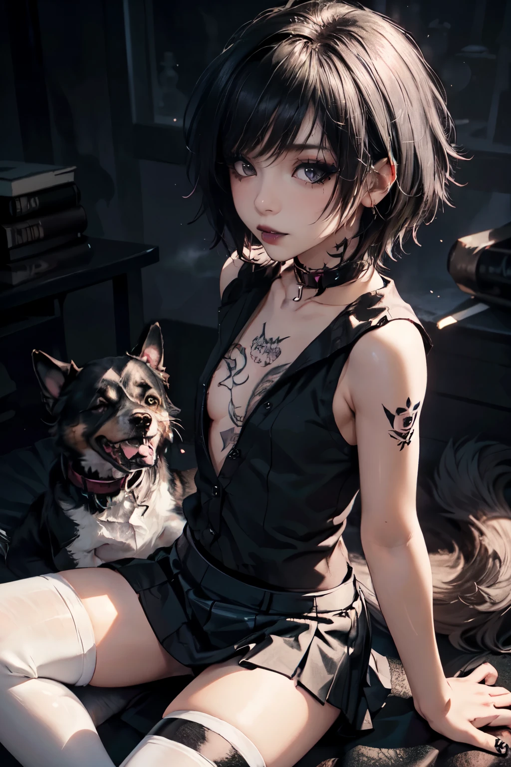 1girl, woman, emo_hairstyle, black lipstick, dog collar, eyeliner, eye shadow, smoky eyes, realistic lighting, short hair, flat chest, shiny skin, sleeveless silk leotard, long gauntlets.