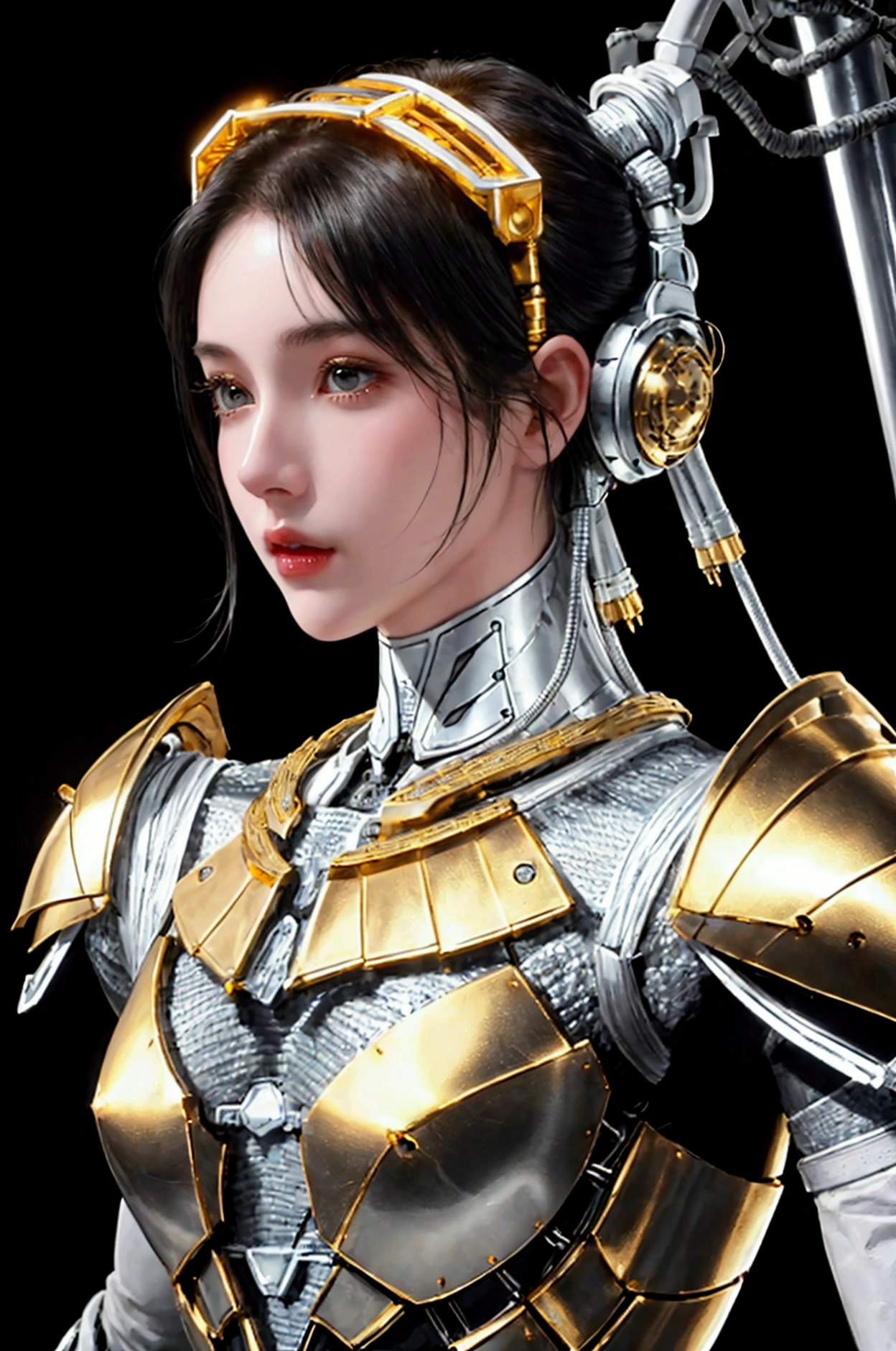 beautiful woman, super white skin, The whitest skin, short black hair, gold robot metal armor, The most detailed armor pieces. The armor is made of steel, has holes, and has wires. There are wires all over the place. detail of wires, The images are very detailed.