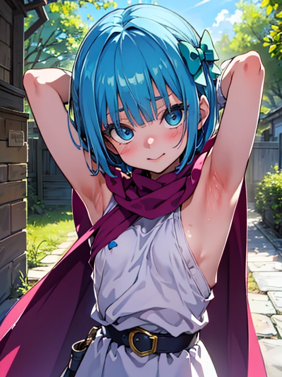  one girl, {{{{ultra-high resolution}}}}, {{{hi-vision anime}}},({{hero's daughter (DQ5)}}, blue eyes, {{blue hair}}, short hair, bangs, green bow, hair side bow, 
(超 high definition ), high definition ,Sharp focus,( super detailed, very detailed ),( very detailed  CG unity 8k wallpaper),
((( vibrant colors))),{best illustration},(complete anatomy),Perfect Fingers,(( best quality)),Sharp focus, perfect face,
plastic glitter 肌, beautiful eyes, symmetrical eyes, ((Detailed body)),( detailed face )), cute,
purple cape, white gloves, white dress, white boots, belt, sleeveless)},
( stuffy armpits:1.2), arms behind head, 
(upper body:1.5),((close up head)), head tilt,　 (spoken heart),

Rural port town,Unpopular Streets , White cobblestones , Reflected Light,Shady Staircase , Deep Blue Skies ,Shining Sea, White Stone Town , the sun is strong and the shadows are thick,(Ancient landscape),
 embarrassed, seductive smile, blush, drunken eyes,　(spoken heart), (erection of nipple),
