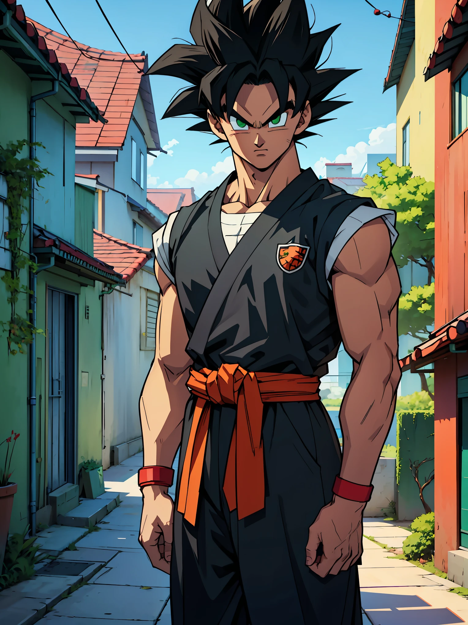 Young Saiyan warrior with spiky black hair and bright green eyes, wearing a unique martial arts outfit with black and white patterns and a red belt tied around the waist. The character has a confident and serious expression, standing in an urban anime-style setting with colorful buildings, green foliage, and clear skies. The art style features strong shadows, vibrant colors, and detailed clothing textures, resembling the Dragon Ball anime aesthetic