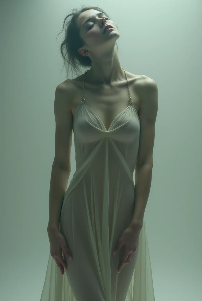 beautiful and sexy woman with hypnotized eyes, helpless, blank mind, controlled by strings like a doll