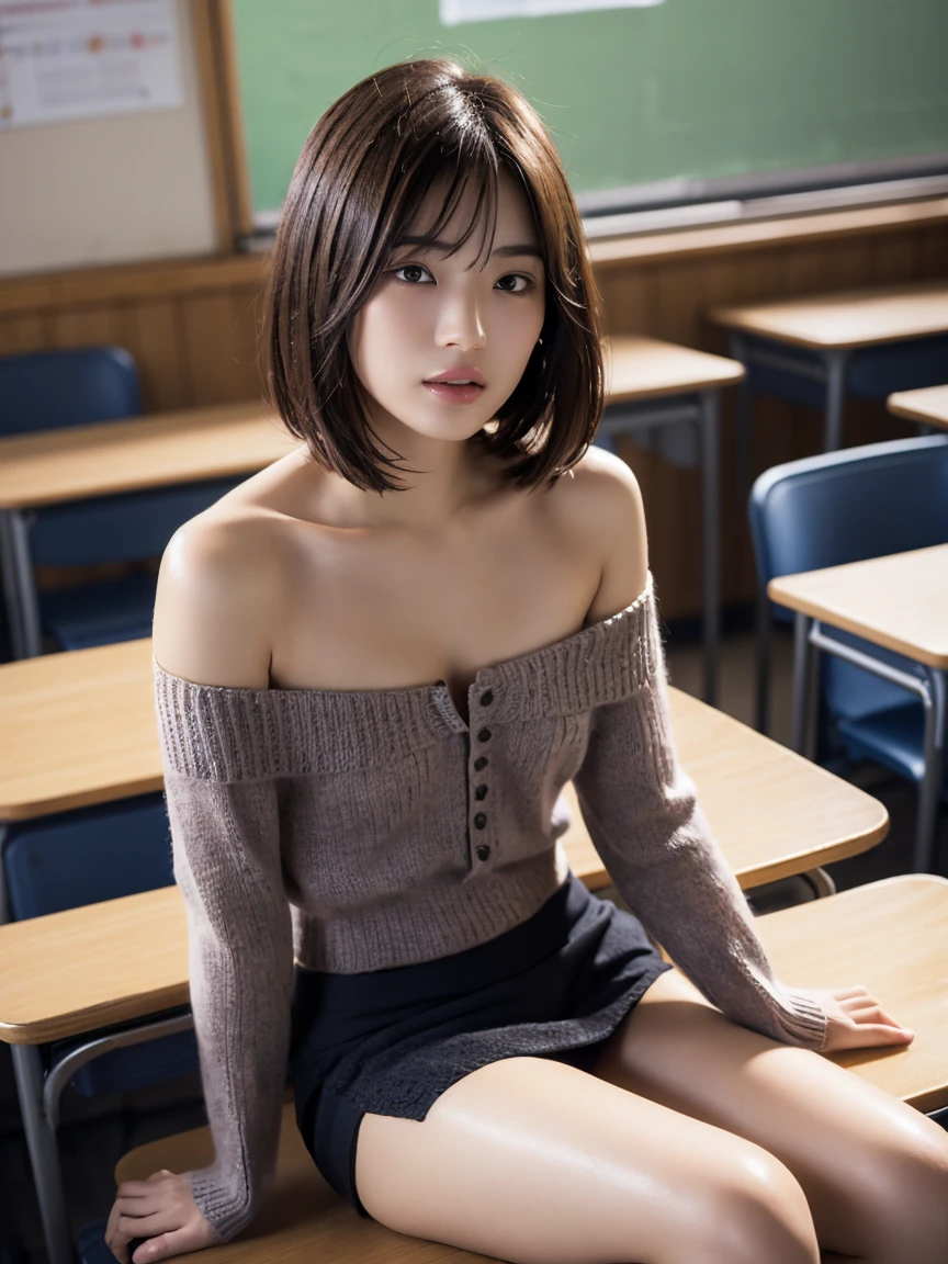 8K,女子高born,学born服,Brown-haired short-haired,Scene during class,Photorealistic RAW photos of the highest quality。Super beautiful(lifelike face) Bright colors、perfect woman image,Trending at Art Station、masterpiece、8K resolution、character art,Super high resolution,,Mr.々pose,Charm,sexy,rich colors, Backlight, cinematic lighting, film grain, born, 50mm lens, Nikon D850,Makeup,smile,machine,Chair,cross your legs,super realistic skin,classroom,School,学born,