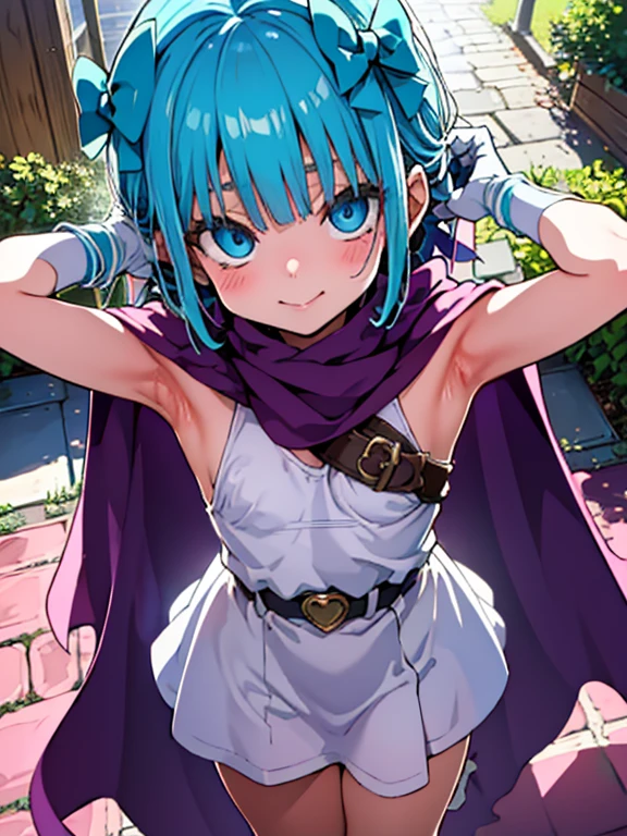  one girl, {{{{ultra-high resolution}}}}, {{{hi-vision anime}}},({{hero's daughter (DQ5)}}, blue eyes, {{blue hair}}, short hair, bangs, green bow, hair side bow, 
(超 high definition ), high definition ,Sharp focus,( super detailed, very detailed ),( very detailed  CG unity 8k wallpaper),
((( vibrant colors))),{best illustration},(complete anatomy),Perfect Fingers,(( best quality)),Sharp focus, perfect face,
plastic glitter 肌, beautiful eyes, symmetrical eyes, ((Detailed body)),( detailed face )), cute,
purple cape, white gloves, white dress, white boots, belt, sleeveless)},
( stuffy armpits:1.2), arms behind head, 
(cowboy shot),　(Oblique angle:1.2),((close up head)), head tilt,　 (spoken heart),

Rural port town,Unpopular Streets , White cobblestones , Reflected Light,Shady Staircase , Deep Blue Skies ,Shining Sea, White Stone Town , the sun is strong and the shadows are thick,(Ancient landscape),
 embarrassed, seductive smile, blush, drunken eyes,　(spoken heart), (erection of nipple),
