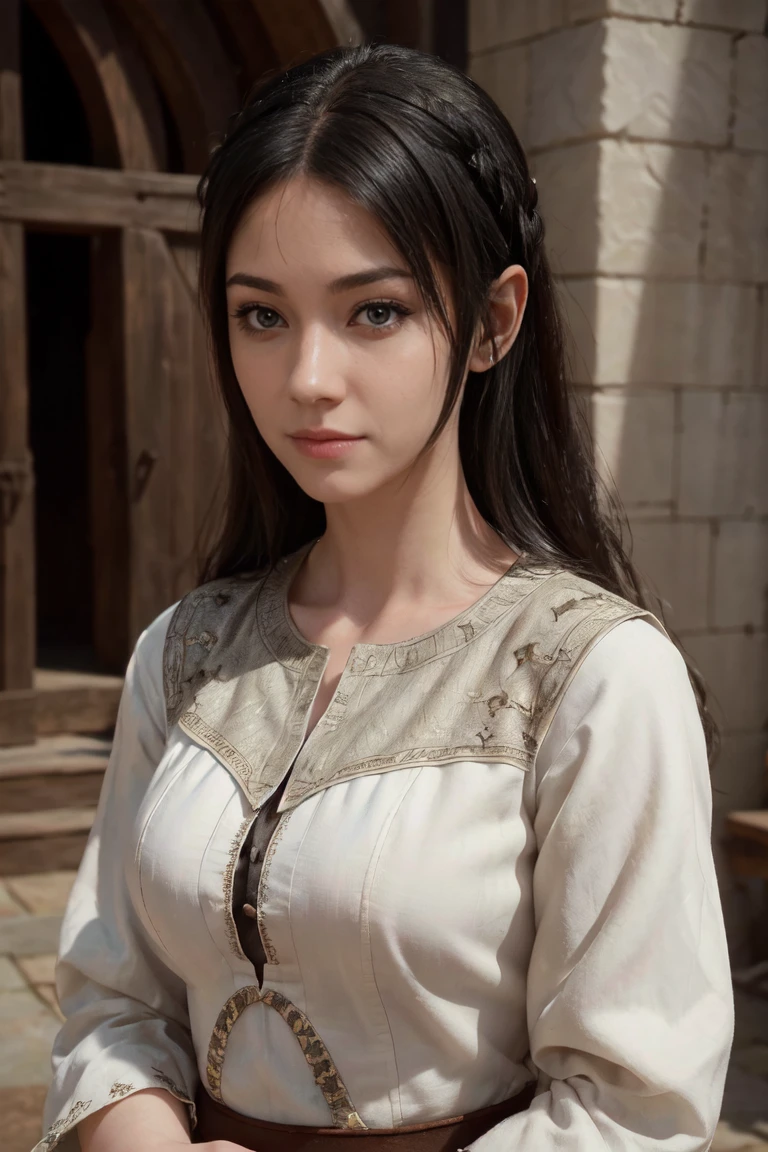 young medieval peasant woman with long black hair, pale white white skin, 8k, medieval city, A beautiful adult woman with a soft face, perfect brown eyes, detailed face, long eyelashes, cinematic photorealistic lighting, (best quality,4k,8k,highres,masterpiece:1.2),ultra-detailed,(realistic,photorealistic,photo-realistic:1.37),cinematic