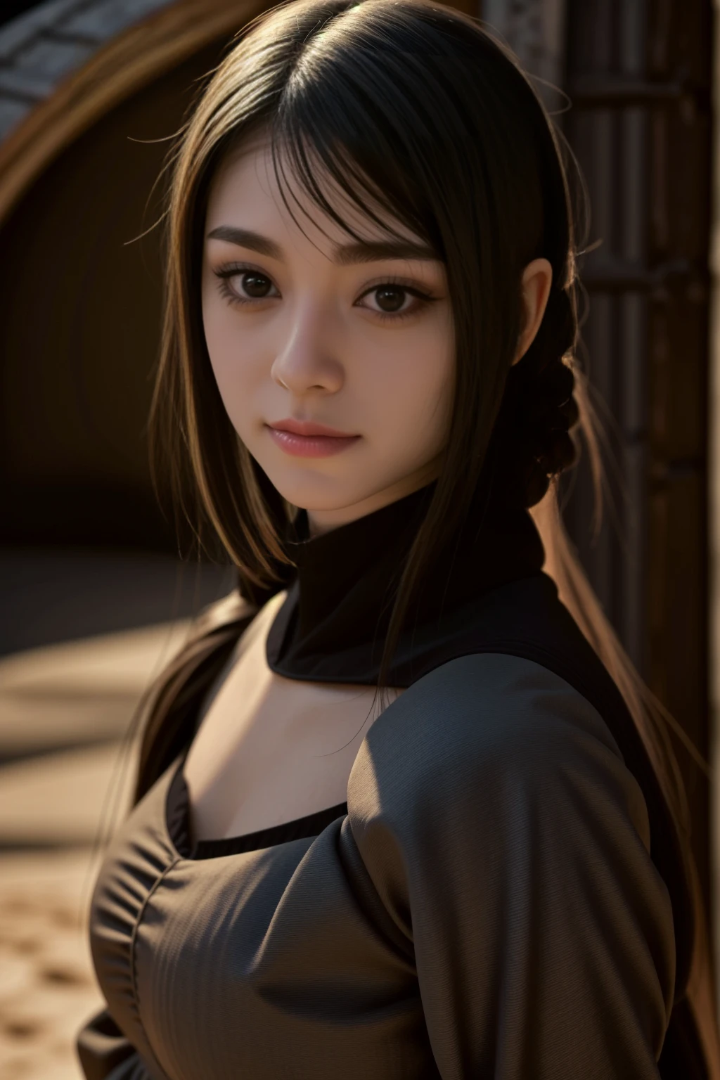 young medieval peasant woman with long black hair, porcelain skin, 8k, medieval city, A beautiful adult woman with a soft face, perfect brown eyes, detailed face, long eyelashes, cinematic photorealistic lighting, (best quality,4k,8k,highres,masterpiece:1.2),ultra-detailed,(realistic,photorealistic,photo-realistic:1.37),cinematic