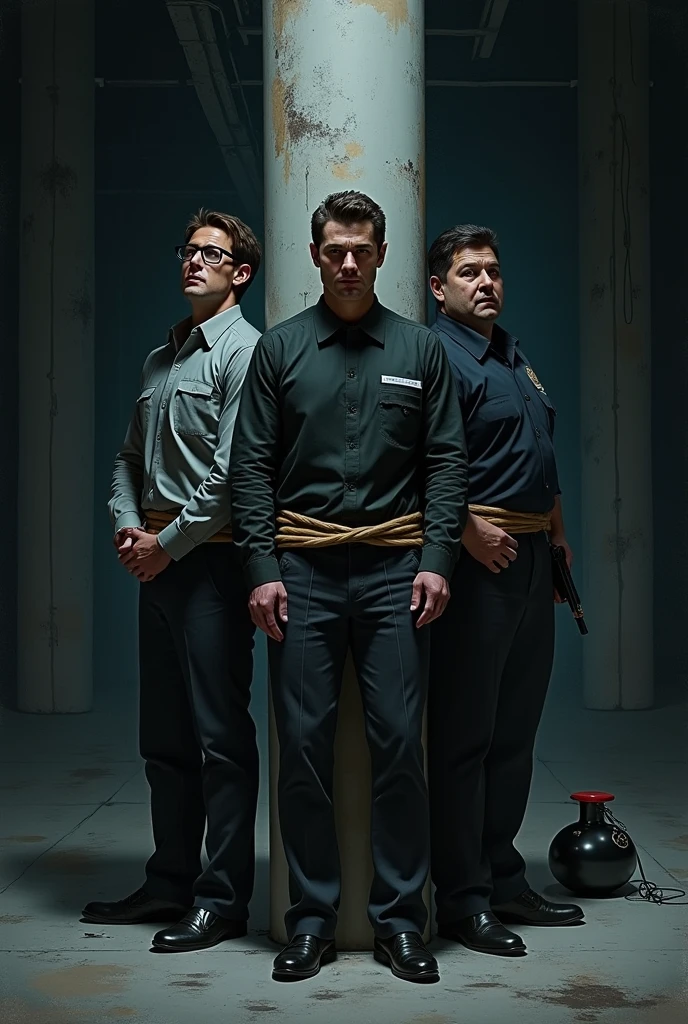 Three men are all tied on a column in a warehouse, the one is handsome with brown hair and glasses wearing grey shirt the other one is average looking with black hair and wearing a suit, he third one is a bit fat and wear a security suit. The warehouse ia dark, next to the three tied men there is a bomb