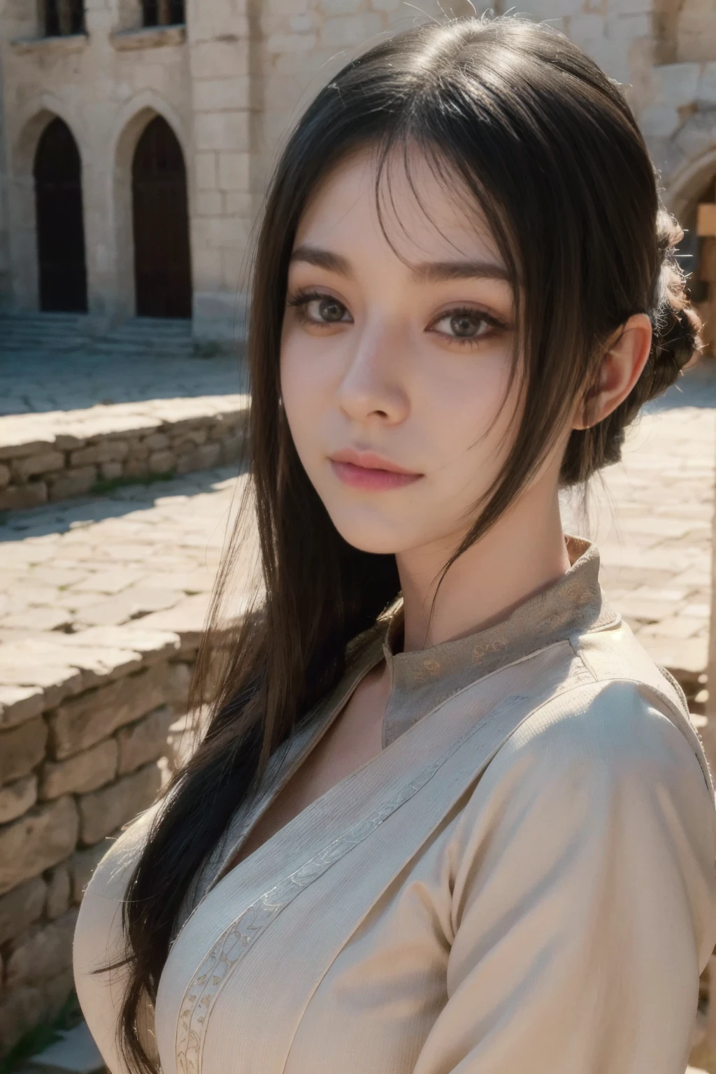 young medieval peasant woman with long black hair, porcelain skin, 8k, medieval city, A beautiful adult woman with a soft face, perfect brown eyes, detailed face, long eyelashes, cinematic photorealistic lighting, (best quality,4k,8k,highres,masterpiece:1.2),ultra-detailed,(realistic,photorealistic,photo-realistic:1.37),cinematic