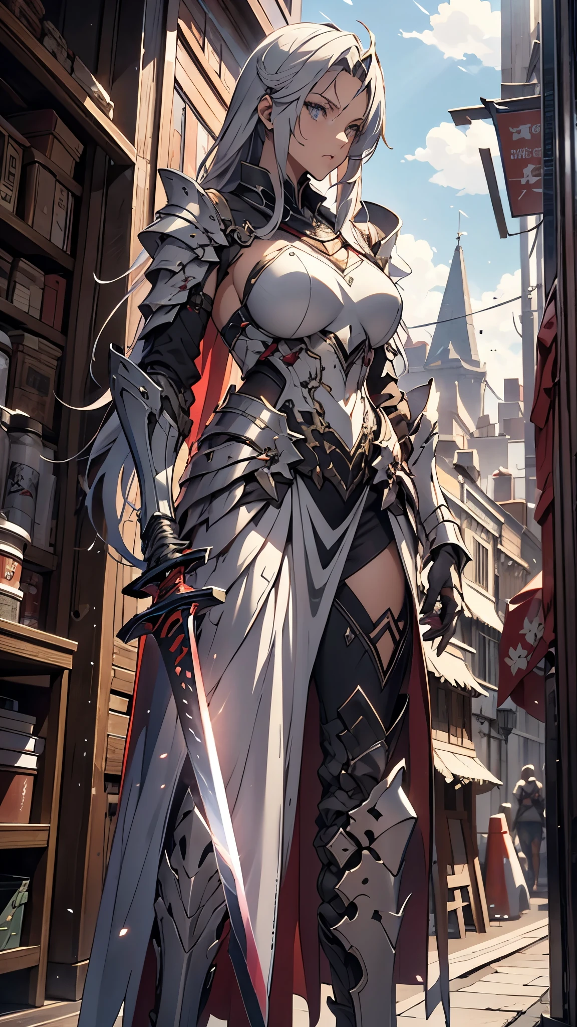 ( a young male knight in fissured silver armor),  handsome, ((He raised a long, shiny sword )),  He Holds a Shield in His Hand ,a giant  Fantasy  gate church behind him, Light from the sky, break silver hair,  black hair, Gradient Hair, whole body, chiaroscuro,  Cinematic Lighting, god rays,  ray tracing , Reflected Light, ((close-up)), break,  Details,Realistic, 4Kの非常に Detailsなデジタルアート , Octane Rendering , Luminous, break 8K resolution concept art,  realism, mapper studio production ,masterpiece, best quality, Official Art,Illustration, line claire ,(nice_color), perfect composition, absurd,  Fantasy ,Concentrated,rule of third