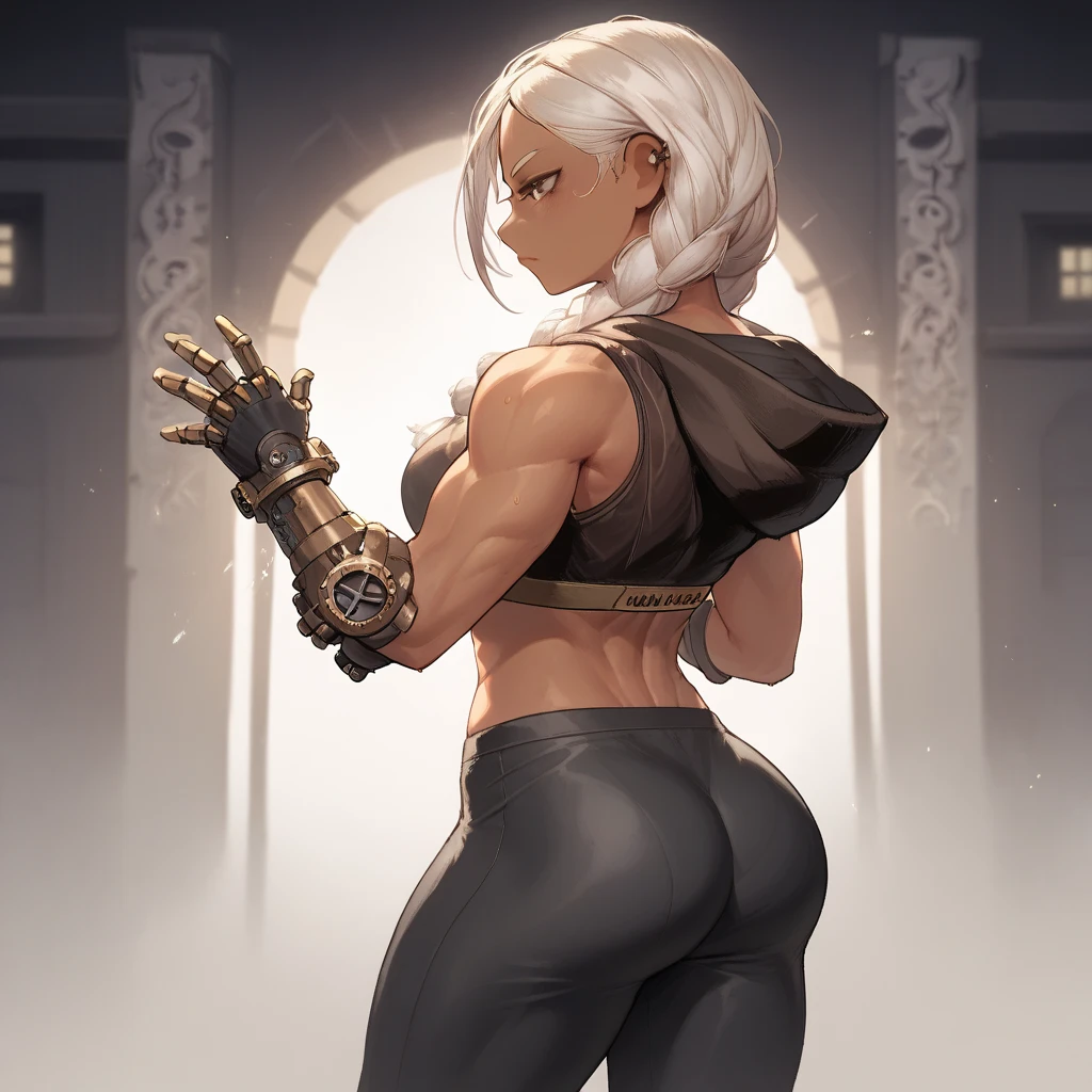masterpiece,best quality,1girl,mature female,muscular,tall female,ozentmp,crop top,black pants,(no gloves,sleeveless),navel,midriff,thousand-men pins,expressionless,standing,hand on hip,arm at side,fog,nature,fantasy,grass,cliff,outdoors,cowboy shot,(from behind),<lora:Concept-control tool-add_detail-CyberAIchemist:0.8>,<lora:mia_ozen:0.8>,