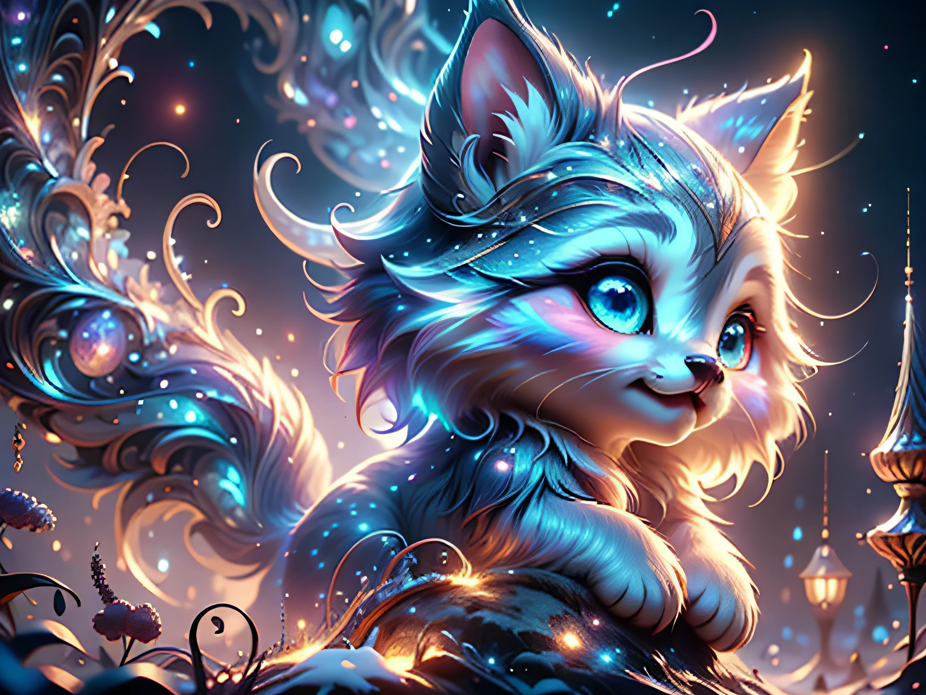 Magical Fantasy Creature, (Best Quality, Masterpiece, Representative Work, Official Art, Professional, Super Detailed, 8k:1.3), (Photorealism:1.2) Super Cute, Big Eyes, Soft, Soft Nose, Fluffy, Two-Toothed Smile, A  white unearthly creature has big blue eyes with silver sparkle, northern pink-lilac lights light up the night sky, magical moment, hyper-realistic digital artwork, highly detailed, Realistic, Beautiful, Soft Volumetric Light, (Backlight:1.3), (Cinematic:1.2), Intricate Details, (ArtStation:1.3), --auto --s2