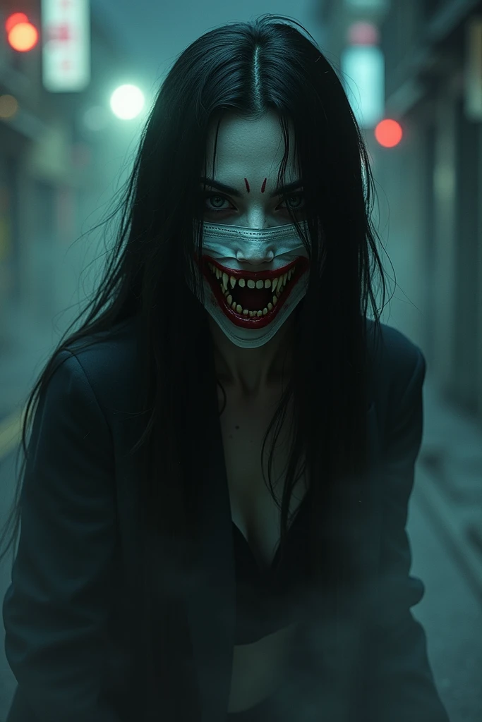 Kuchisake-onna, mask, big mouth, long hair, red coat, horror, scary, yokai, Japan