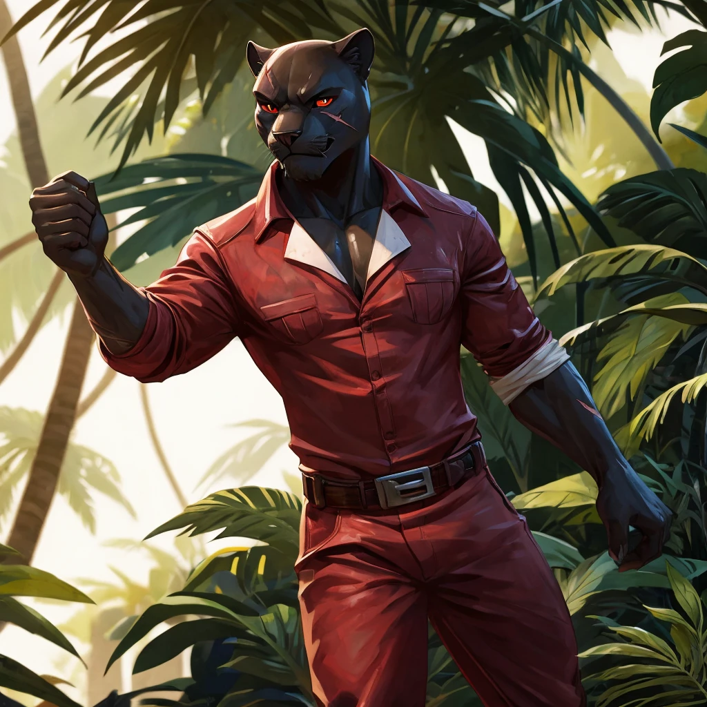 Masterpieces, furry, male, Anthropomorphic, full body, old age, rugged, black panther, proper fit body type, slender body type, Delicate eyes, white goatee, white fur, glistening body, criminal, ebony skin, depth of field, warm lighting, bright lighting, (best quality),(masterpiece),(ultra detailed), sharp focus, jungle background, fierce look, evil grins, scars, glossy, oiled up skin, open maroon army shirt, dark red camo pants,