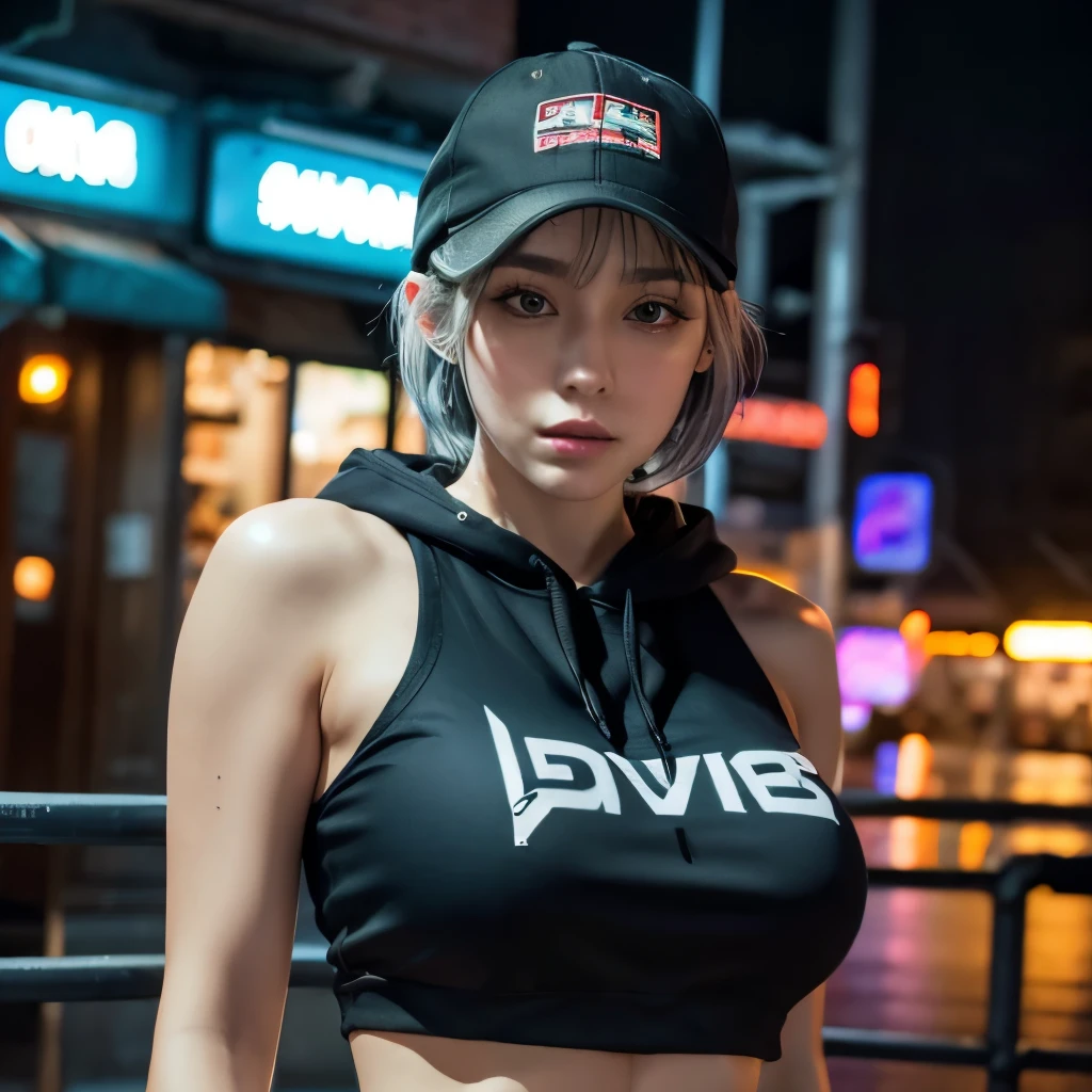 cyberpunk landscape, One girl, a beautiful portrait of a cute women, Neon lights. Cold colors. highres, masterpiece.