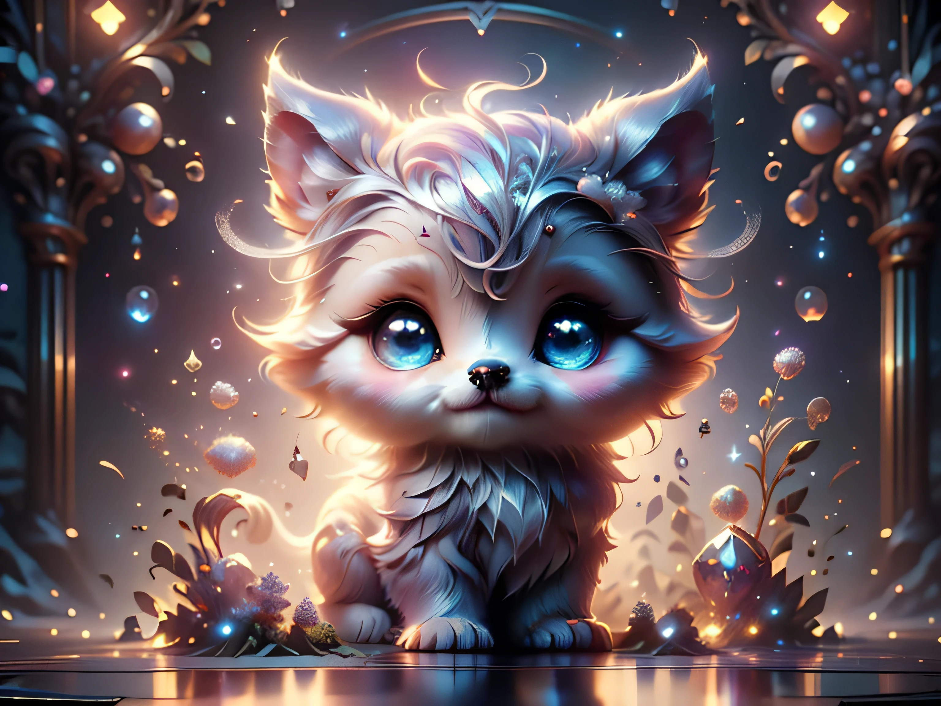 Magical Fantasy Creature, (Best Quality, Masterpiece, Representative Work, Official Art, Professional, Super Detailed, 8k:1.3), (Photorealism:1.2) Super Cute, Big Eyes, Soft, Soft Nose, Fluffy, Two-Toothed Smile, A  white unearthly creature has big blue eyes with silver sparkle, northern pink-lilac lights light up the night sky, magical moment, hyper-realistic digital artwork, highly detailed, Realistic, Beautiful, Soft Volumetric Light, (Backlight:1.3), (Cinematic:1.2), Intricate Details, (ArtStation:1.3), --auto --s2