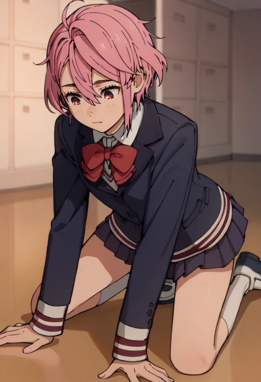 BREAK aira shiratori, pink hair, short hair, hair between eyes, pink eyes, school uniform, blue blazer, white collared shirt, red bowtie, long sleeves, sleeves past wrists, miniskirt, pleated skirt, white socks, brown footwear,  BREAK dogeza, hands on floor, looking down,  prostration, kneeling, face less, 