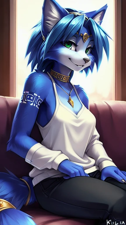 A beautiful and detailed (sweet portrait) von ((Krystal)), Sternenfuchs Krystal, Schlank, liebenswert, green eyes, small breasts, Dekollete, Grinsen, hoch schauen,, anthro, Pelzig, Hochgeladen E621, detailed flauschige fur, (von Fluff-Kevlar, Bayard Wu, personalami, Pino Daeni), detailliertes Gesicht, (flauschige), 1 girl, Allein, auf einem sofa sitzend, alltagskleidung, hellbrauner pullover, schwarze hose
