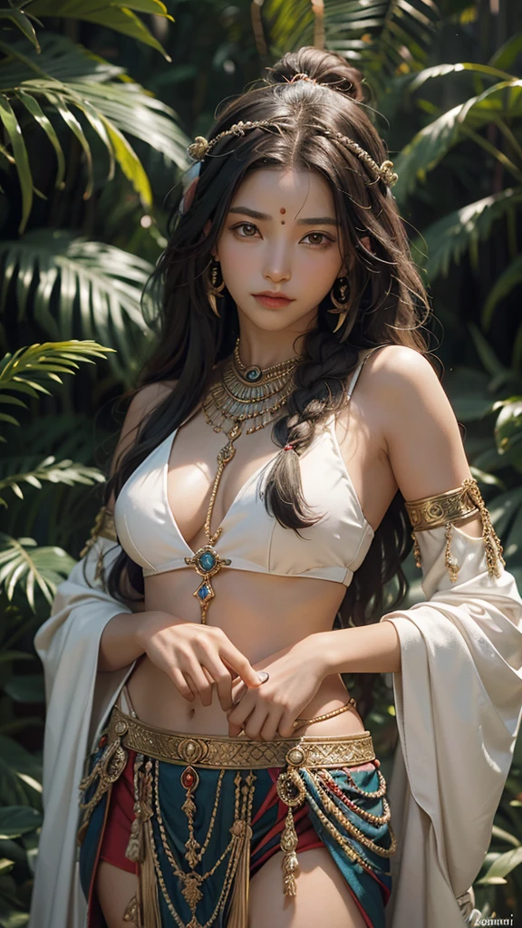 A gypsy,(beautiful detailed eyes:green) with (beautiful detailed lips), (long black hair), wearing a (white blouse) adorned with (gold medals), and a (red skirt) with (ruffles). She is also wearing (seashell necklaces) that add a unique touch to her outfit. The gypsy stands in a vibrant garden, surrounded by (colorful flowers) and (lush greenery),(sunlight streaming through the trees), adding a warm and magical atmosphere. The image quality is (best quality:4k), (ultra-detailed), (realistic), and (vivid colors) bring the scene to life. The artwork is created using (oil painting) technique, giving it a rich and textured appearance.