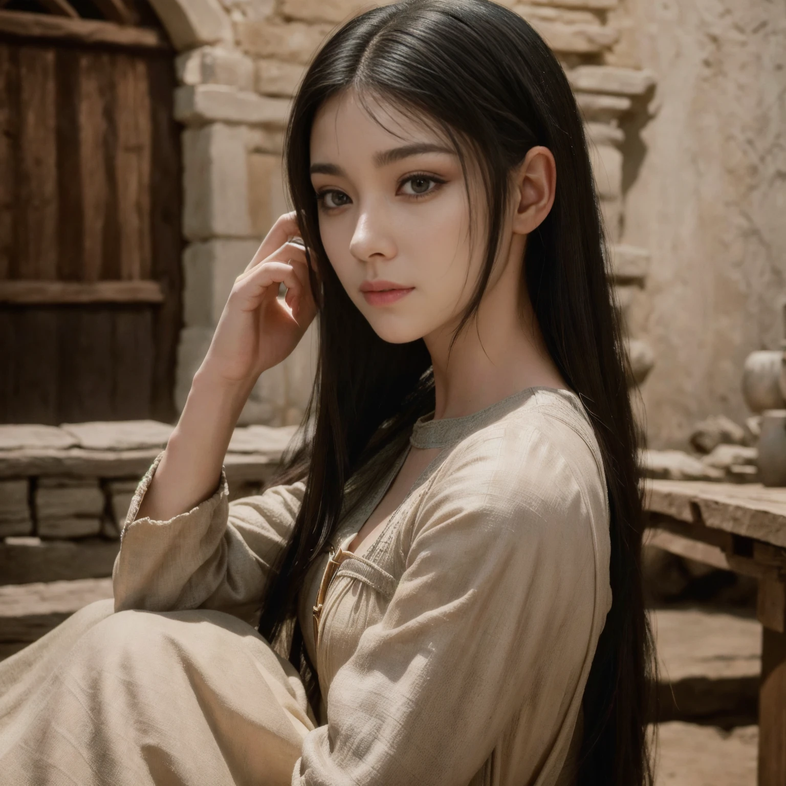 young medieval peasant woman with long black hair, porcelain skin, 8k, medieval city, A beautiful adult woman with a soft face, perfect brown eyes, detailed face, long eyelashes, cinematic photorealistic lighting, (best quality,4k,8k,highres,masterpiece:1.2),ultra-detailed,(realistic,photorealistic,photo-realistic:1.37),cinematic