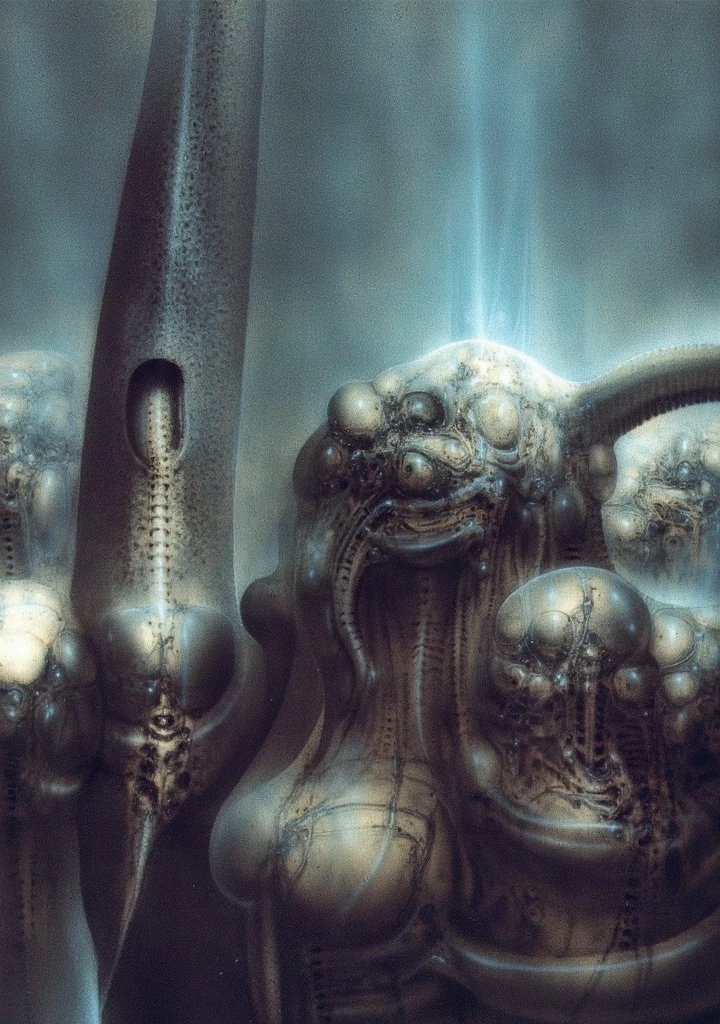 H. R. Giger's g1g3r, , Giger_style, H. R. Giger's g1g3r, , Giger_style, The image is a detailed view of H.R. Giger's \" Aleph (work 210) \" plate, featuring   vault , , which appears to be an extraterrestrial. By giger in gigeresqe style  (best quality:1.4), anatomically correct limbs, (Triadic:1.1), (Proportion:1.1),  , (Reflected light:1.2), Parchment, ultra detailed, intricate,, dry b (best quality:1.4), H.R. GIGER,  BY GIGER