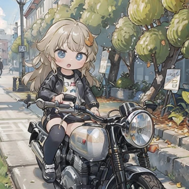 (masterpiece,  best quality:1.2), A young girl rides a motorcycle, Alone,  Fallen Leaves for Vaginal Discharge ，