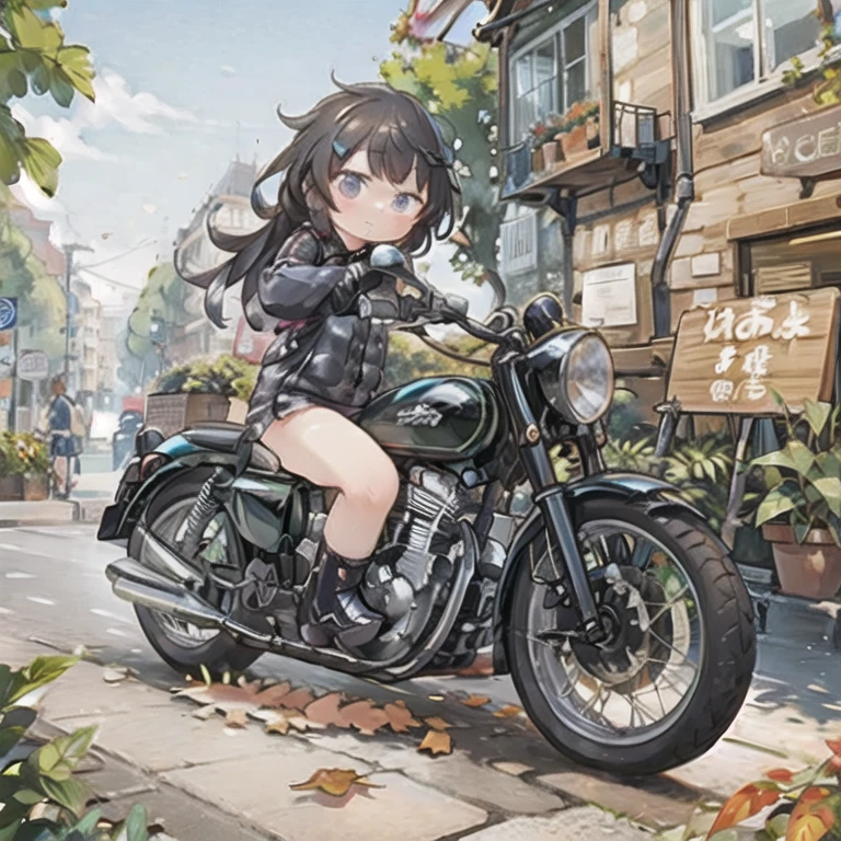 (masterpiece,  best quality:1.2), A young girl rides a motorcycle, Alone,  Fallen Leaves for Vaginal Discharge ，