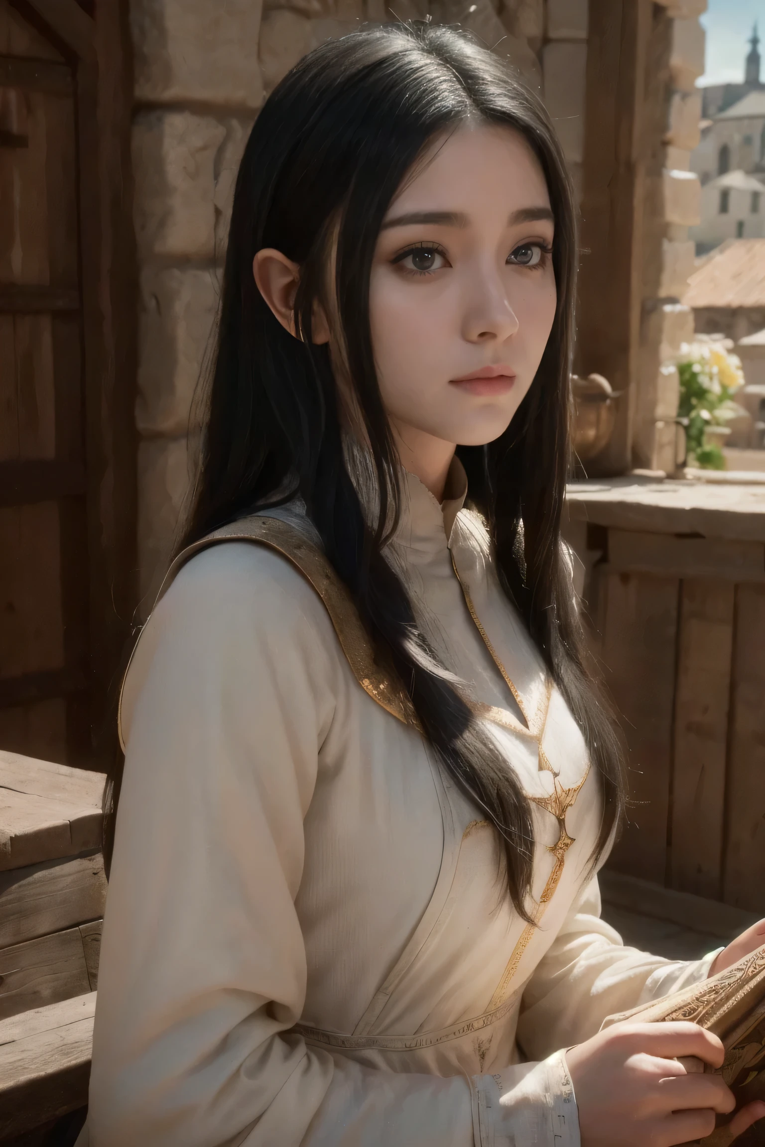 young medieval peasant woman with long black hair, porcelain skin, 8k, medieval city, A beautiful adult woman with a soft face, perfect brown eyes, detailed face, long eyelashes, cinematic photorealistic lighting, (best quality,4k,8k,highres,masterpiece:1.2),ultra-detailed,(realistic,photorealistic,photo-realistic:1.37),cinematic